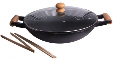 Ustensile de Bucatarie - Set Wok Fonta Cu Maner De Lemn