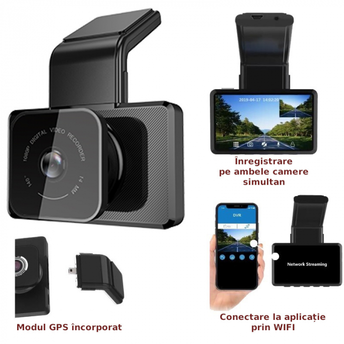 Camera auto DVR iSEN K10, FHD, IPS 3.0", Filmare 140°, GPS, Night Vision, Monitorizare parcare, WiFi, Slot memorie, Camera spate [5]