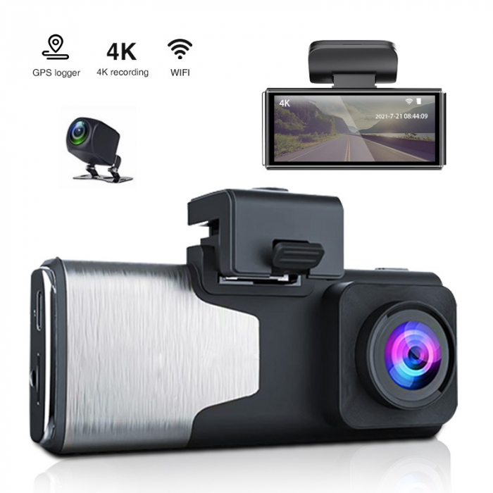 Camera auto DVR iSEN K15, 4K, Filmare 145°, GPS, Night Vision, Monitorizare parcare, WiFi, Slot memorie, Camera spate [1]