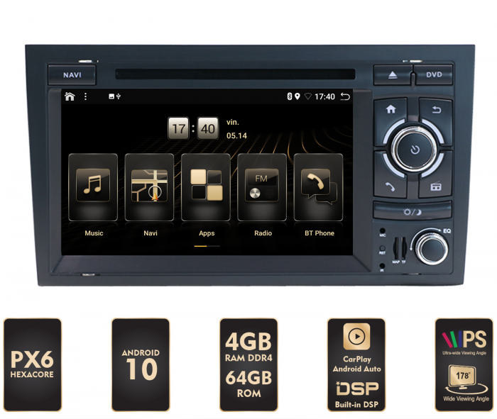 Navigatie Audi A4, Android 10, HEXACORE|PX6| / 4GB RAM + 64GB ROM, 7 Inch cu DVD - AD-BGBAUDIA4P6-D [1]