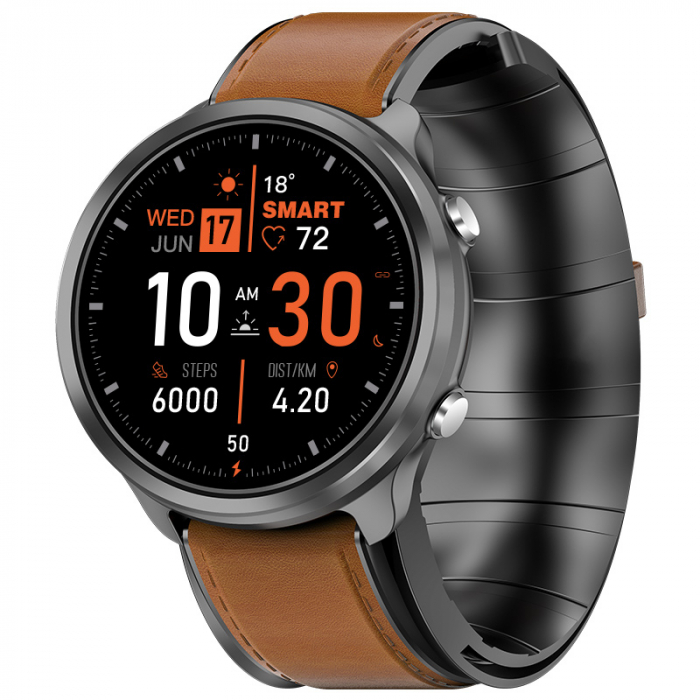 Smartwatch iSEN Watch P30 Negru cu bratara maro din piele, 1.3", Tensiometru cu manseta gonflabila, Temperatura, Oxigen [1]