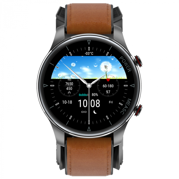 Smartwatch iSEN Watch P50 Negru cu bratara maro din piele, IPS 1.3", Tensiometru cu manseta gonflabila, Temperatura, Oxigen [2]