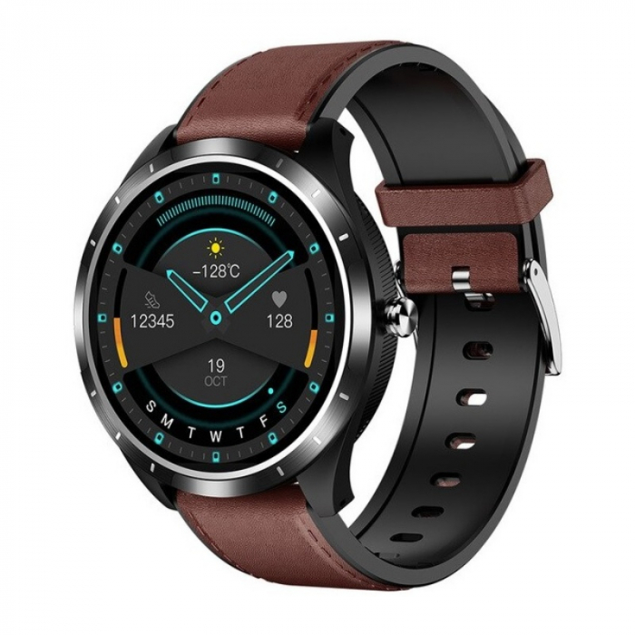 Smartwatch STAR X3 Negru cu bratara maro inchis din piele, 1.3" Full Touch, EKG, Saturatie oxigen, Ritm cardiac, Presiune sanguina, IP68 [1]