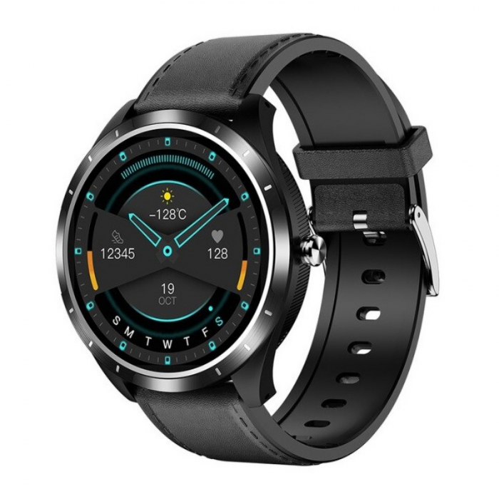 Smartwatch STAR X3 Negru cu bratara neagra din piele, 1.3" Full Touch, EKG, Saturatie oxigen, Ritm cardiac, Presiune sanguina, IP68 [1]