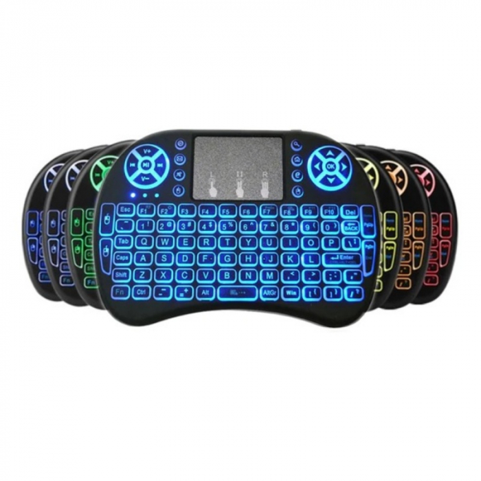 Telecomanda wireless QWERTY cu mini tastatura STAR i8, 2.4G, Iluminare LED 7 culori, Air mouse, Touch pad, Negru [1]
