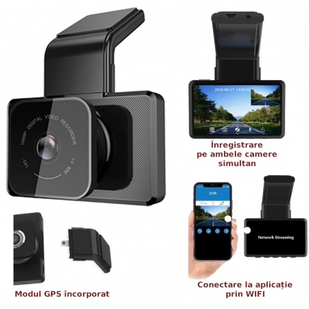 Camera auto DVR iSEN K10, FHD, IPS 3.0", Filmare 140°, GPS, Night Vision, Monitorizare parcare, WiFi, Slot memorie, Camera spate [4]