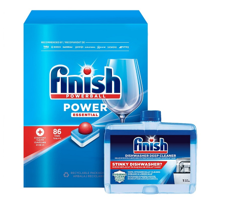 Pachet detergent vase Finish Powerball 86 tablete + Solutie pentru curatat masina de spalat vase Finish Regular 250ml