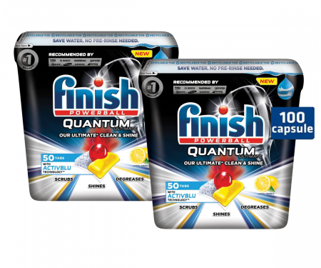 Pachet promo detergent pentru masina de spalat vase Finish Quantum Ultimate Activblu Lemon Capsule, 2 x 50 spalari
