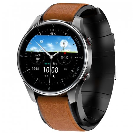 Smartwatch iSEN Watch P50 Negru cu bratara maro din piele, IPS 1.3", Tensiometru cu manseta gonflabila, Temperatura, Oxigen [0]