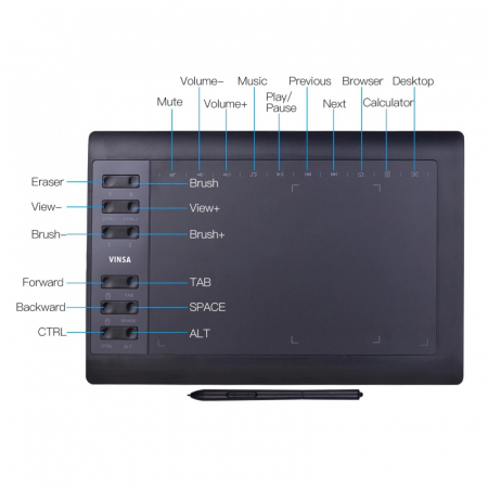 Tableta grafica digitala de scris si desenat Vinsa VIN1060 Plus Negru, 10x6 inch, USB, 8192 niveluri de presiune, 5080LPI, 8 varfuri [4]