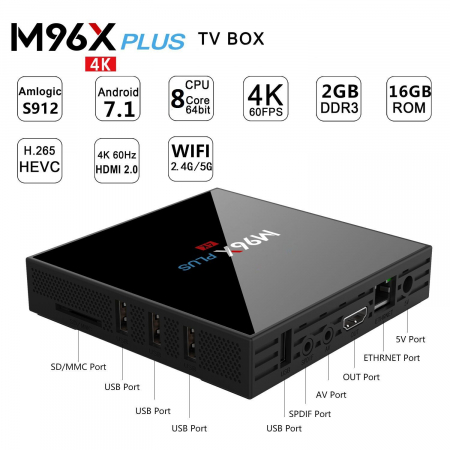 TV BOX M96X Plus 4K, KODI 18, Amlogic S912, 2GB RAM 16GB ROM, Octa Core Cortex A53, Android 7, Wireless dual band [0]