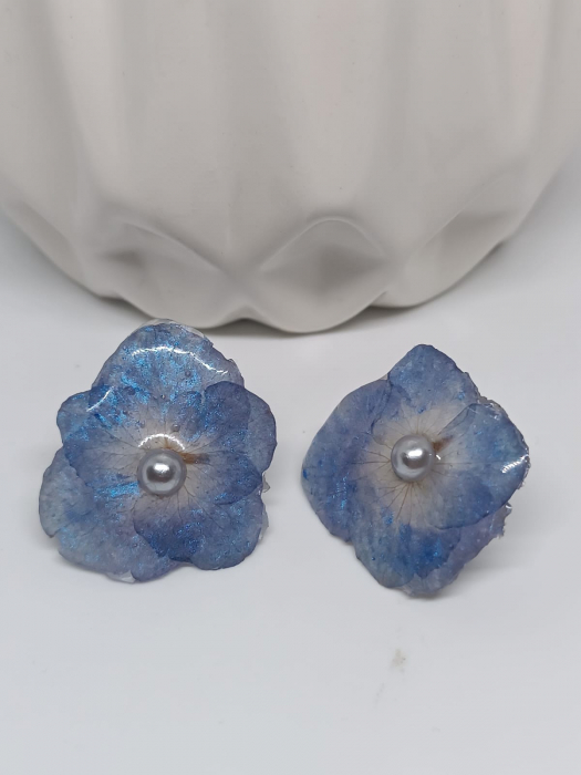 Cercei cu floare de  hortensie albastră în rășină epoxidică [2]