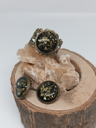 Set ”Sclipiri de Bronz”-cercei și inel din pirită și rășină epoxidică [1]