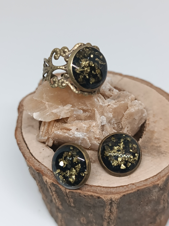 Seturi - Set ”Sclipiri de Bronz”-cercei și inel din pirită și rășină epoxidică