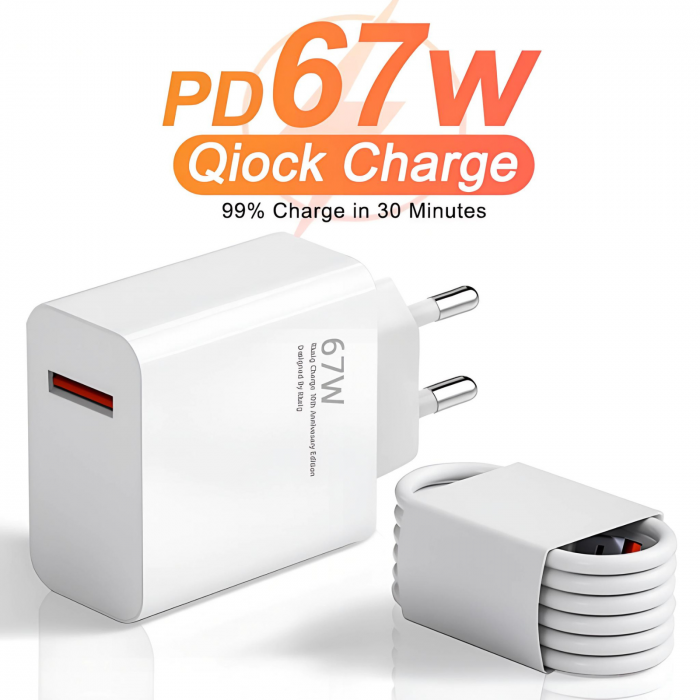 Set Incarcator Retea Super Fast Charger 67W  + Cablu USB to Type-C, 1m [2]