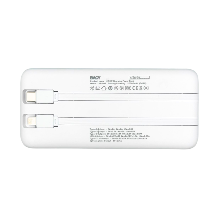 Baterie Externa 20.000 mAh BACY, Port 2x Type C, 1x USB Digital Display, Fast Charging 22.5W, Att Cable 2x 15cm, 1 type c + 1 lightning [2]