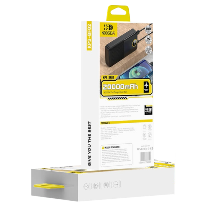 Baterie Externa 20.000 mAh KOOSDA, 1x Type C, 1x USB, 1x Micro USB Digital Display, Fast Charging 22.5W, Cable USB to Type C 20cm [6]
