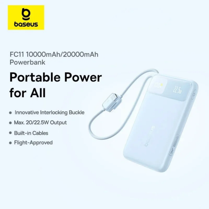 Baterie externa Baseus EnerFill FC11 10.000 mAh, 22.5W, cabluri USB-C + Lightning integrate, Display, Blue [2]