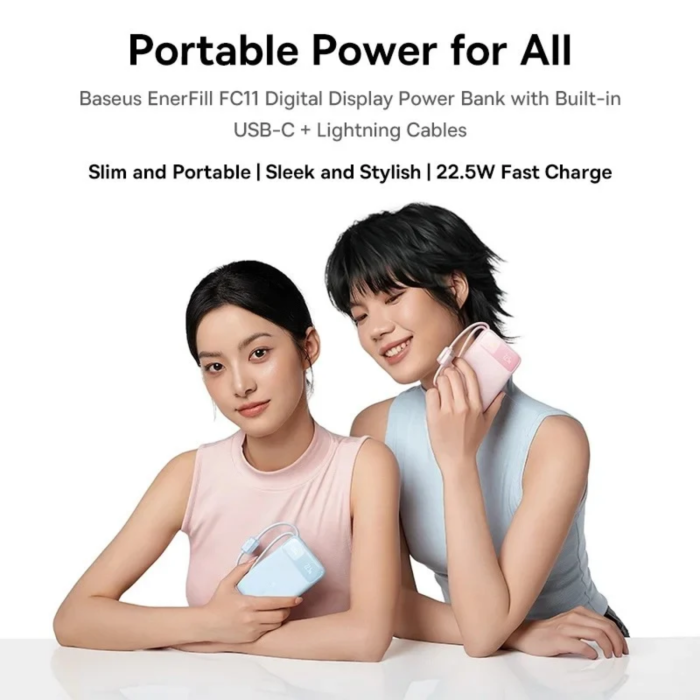 Baterie externa Baseus EnerFill FC11 10.000 mAh, 22.5W, cabluri USB-C + Lightning integrate, Display, Blue [5]