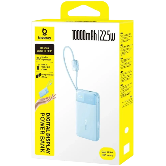Baterie externa Baseus EnerFill FC11 10.000 mAh, 22.5W, cabluri USB-C + Lightning integrate, Display, Blue [7]