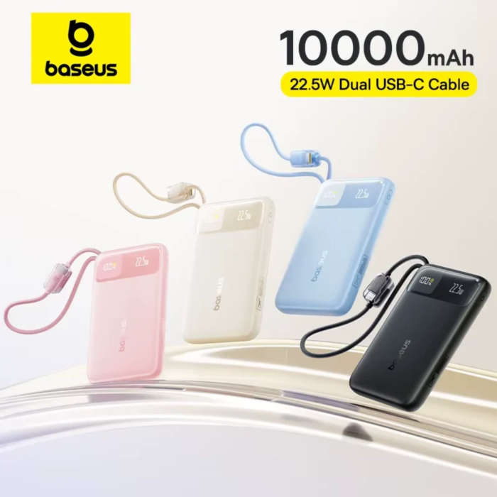 Baterie externa Baseus EnerFill FC11 10.000 mAh, 22.5W, cabluri USB-C + Lightning integrate, Display, Roz [4]