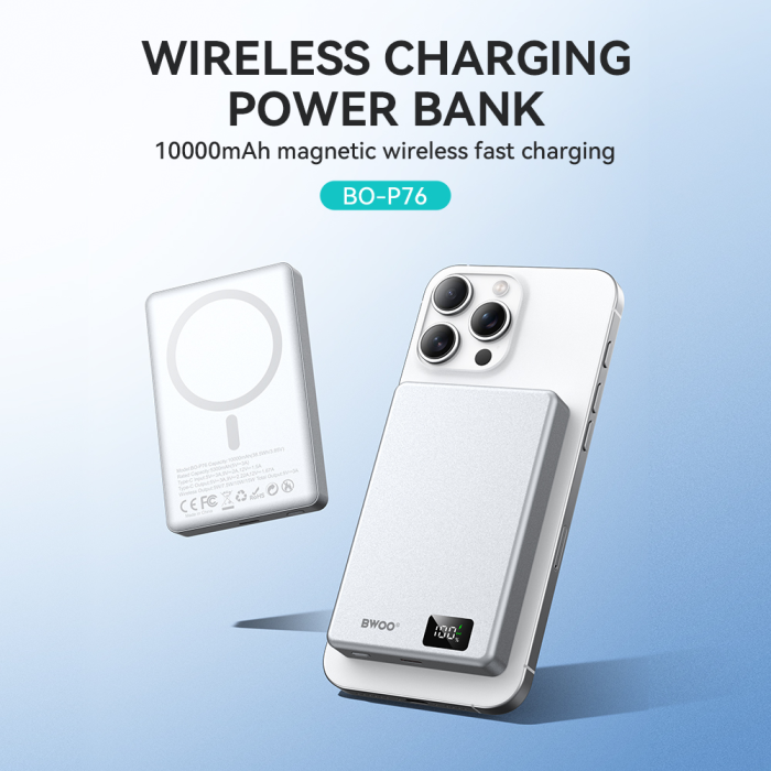 Baterie Externa ultra-slim aluminium magnetic BWOO P76 PD 20W 10.000 mAh with digital display and USB-C port black [4]