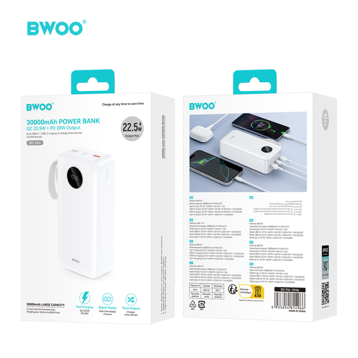 BWOO 22,5W 30000 mAh power bank with LCD screen, white [11]