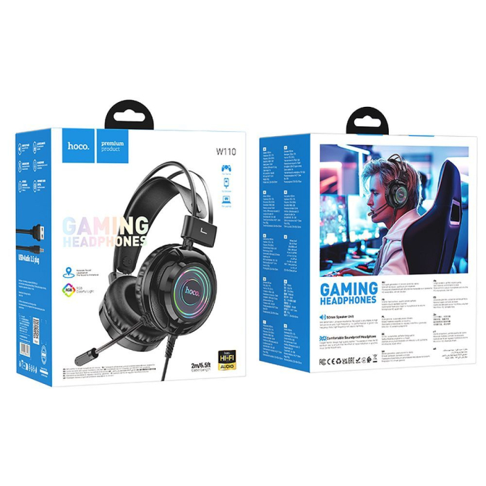 Căști cu fir USB A + Jack 3,5 mm Hoco gaming 2 m W110 negre [5]