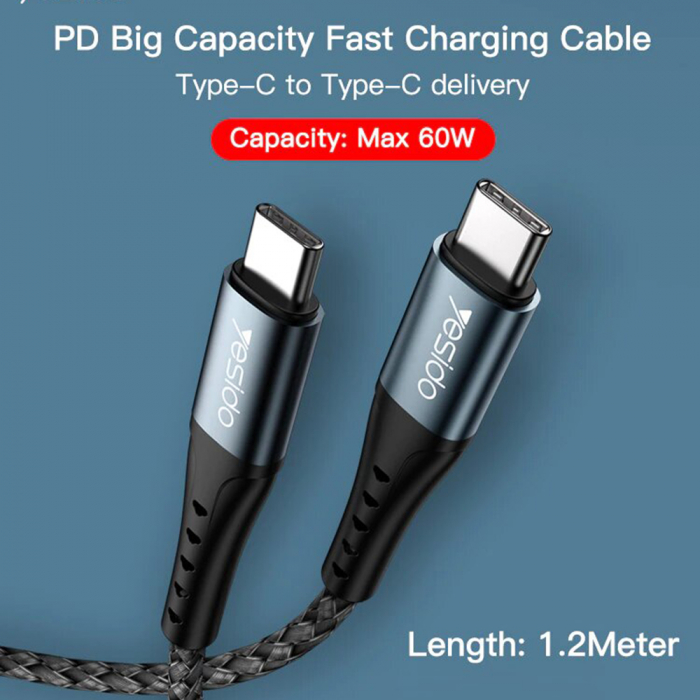 Data Cable (CA66) - Type- C to Type-C, 60W, QC & PD, 3A, 1.2m - Black [2]