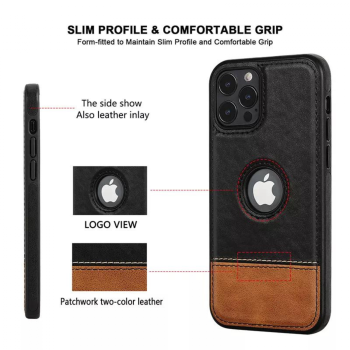 Husa Business din Piele pentru iPhone 14, Black-Brown [2]