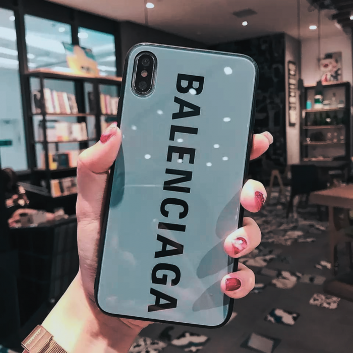 Husa Design Balenciaga din Sticla si Silicon pentru iPhone 14, Blue-Gray [2]