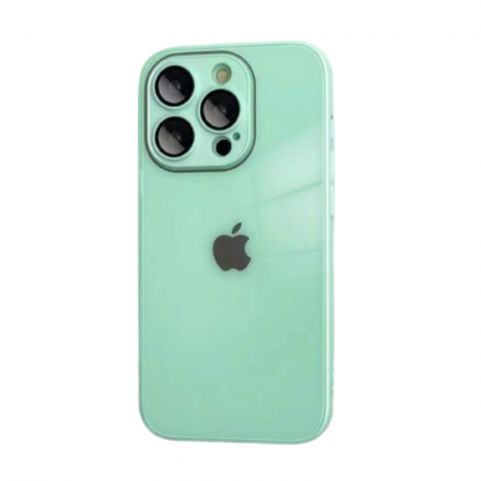 Husa din Sticla si Silicon cu Protectie Lentile Camera pentru iPhone 14, Fruit Green-Glossy [1]
