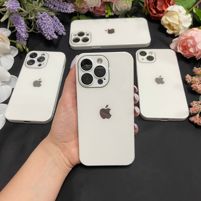 Husa din Sticla si Silicon cu Protectie Lentile Camera pentru iPhone 13 Pro, Alb-Glossy [2]