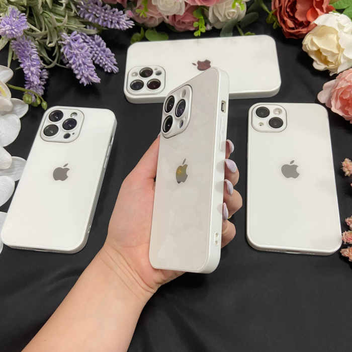 Husa din Sticla si Silicon cu Protectie Lentile Camera pentru iPhone 13, Alb-Glossy [3]