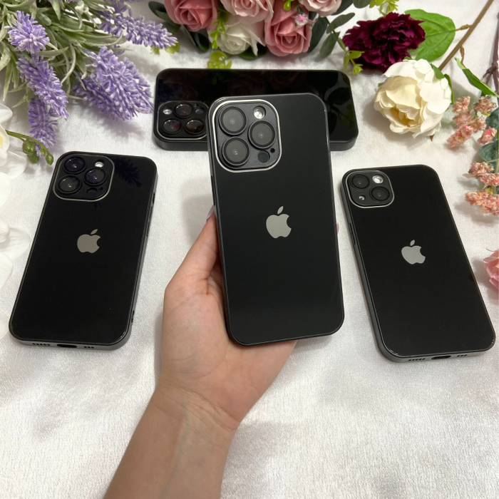 Husa din Sticla si Silicon cu Protectie Lentile Camera pentru iPhone 15, Black-Glossy [2]