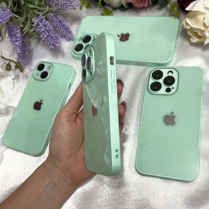 Husa din Sticla si Silicon cu Protectie Lentile Camera pentru iPhone 14, Fruit Green-Glossy [3]