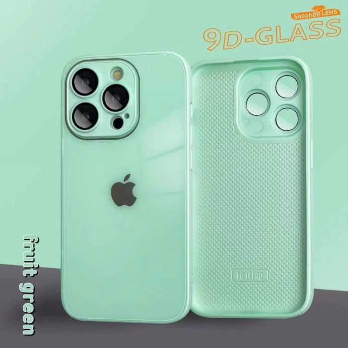Husa din Sticla si Silicon cu Protectie Lentile Camera pentru iPhone 14, Fruit Green-Glossy [11]