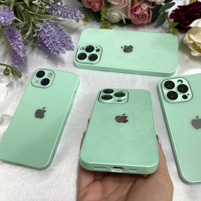 Husa din Sticla si Silicon cu Protectie Lentile Camera pentru iPhone 14, Fruit Green-Glossy [4]