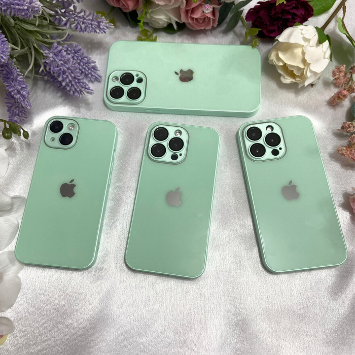 Husa din Sticla si Silicon cu Protectie Lentile Camera pentru iPhone 14, Fruit Green-Glossy [6]
