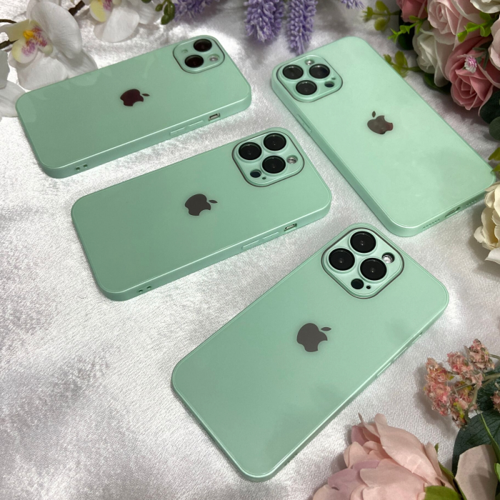 Husa din Sticla si Silicon cu Protectie Lentile Camera pentru iPhone 14, Fruit Green-Glossy [5]