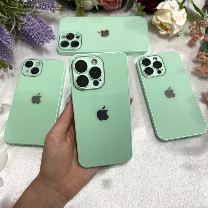 Husa din Sticla si Silicon cu Protectie Lentile Camera pentru iPhone 14, Fruit Green-Glossy [2]