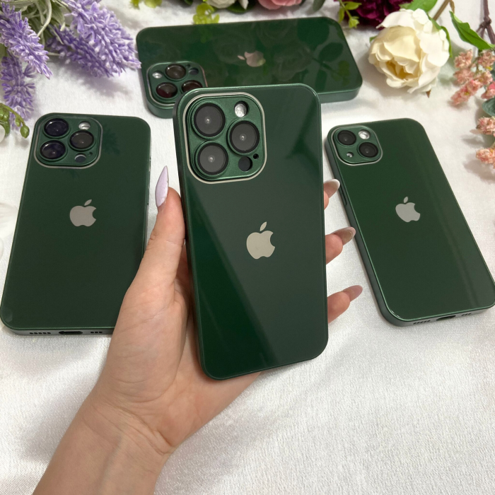 Husa din Sticla si Silicon cu Protectie Lentile Camera pentru iPhone 15 Pro, Green-Glossy [2]