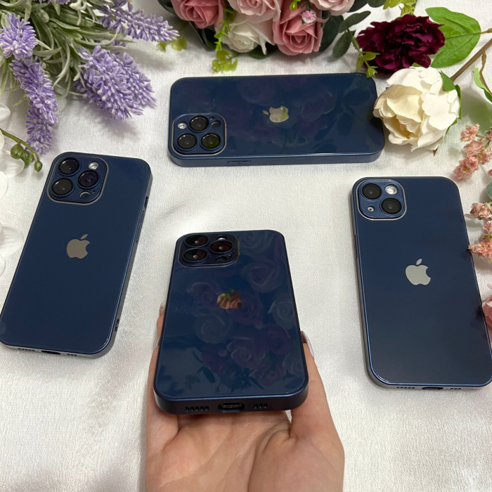 Husa din Sticla si Silicon cu Protectie Lentile Camera pentru iPhone 15, Navy Blue-Glossy [4]