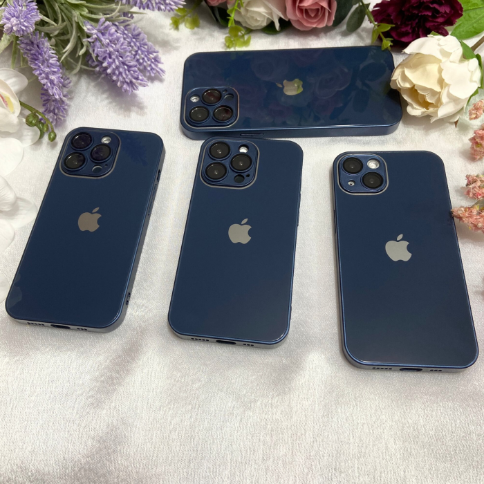 Husa din Sticla si Silicon cu Protectie Lentile Camera pentru iPhone 15, Navy Blue-Glossy [5]