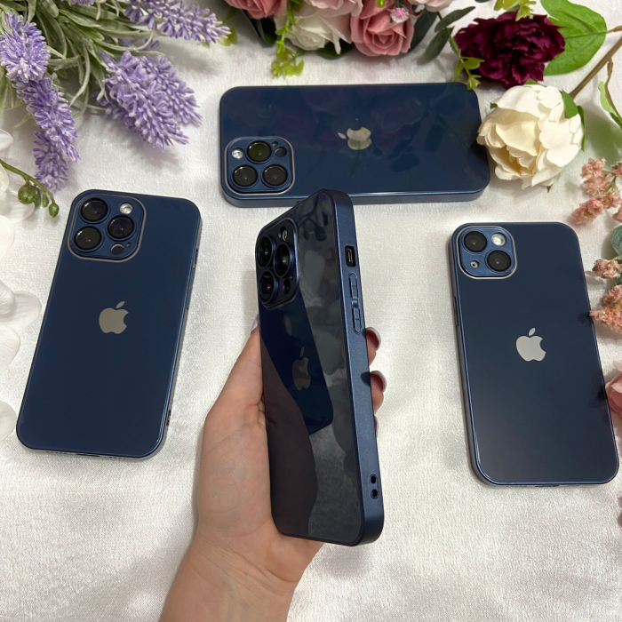 Husa din Sticla si Silicon cu Protectie Lentile Camera pentru iPhone 15 Plus, Navy Blue-Glossy [3]