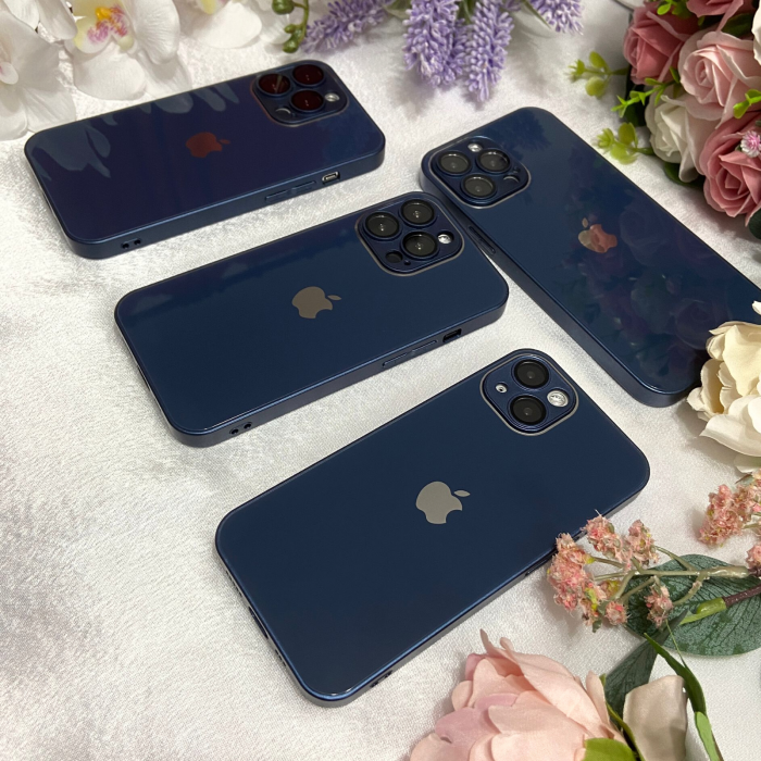 Husa din Sticla si Silicon cu Protectie Lentile Camera pentru iPhone 15, Navy Blue-Glossy [6]