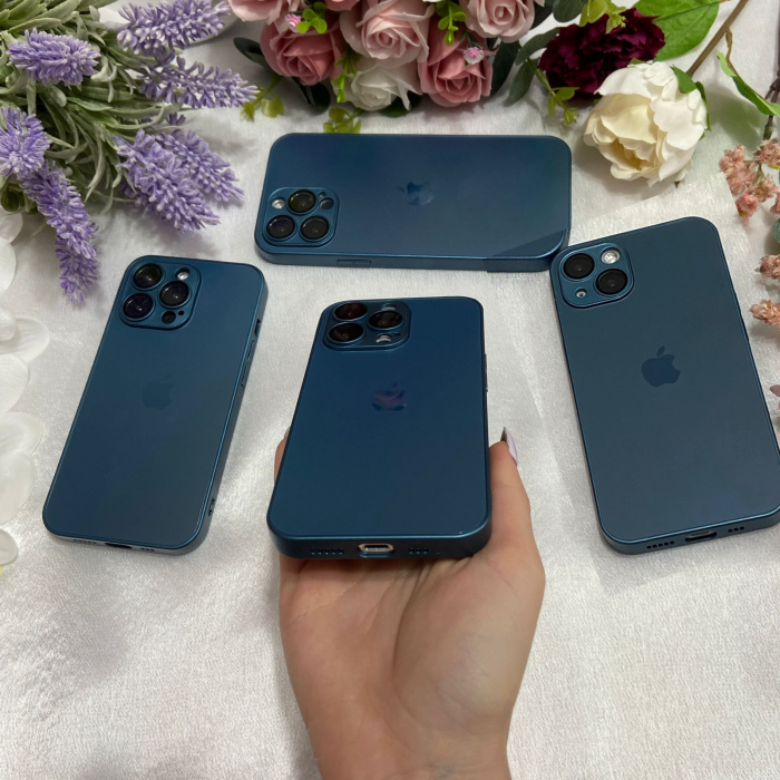 Husa din Sticla si Silicon cu Protectie Lentile Camera pentru iPhone 14 Pro Max, Navy Blue-Mat [4]