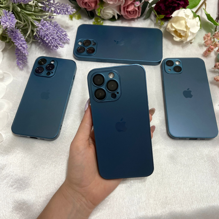 Husa din Sticla si Silicon cu Protectie Lentile Camera pentru iPhone 14 Pro Max, Navy Blue-Mat [2]