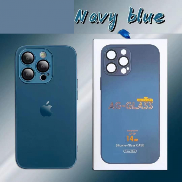 Husa din Sticla si Silicon cu Protectie Lentile Camera pentru iPhone 14 Pro Max, Navy Blue-Mat [11]