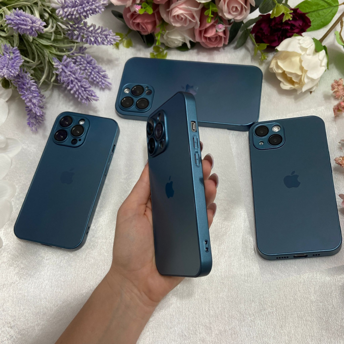Husa din Sticla si Silicon cu Protectie Lentile Camera pentru iPhone 14 Pro Max, Navy Blue-Mat [3]